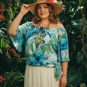 AGB Off Shoulder Blouse XL Blue Green Abstract Flare Sleeve Boho Peasant Top